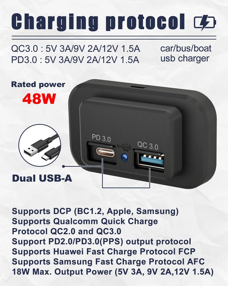 Y&D Panel Mount 12V/24V Car Socket Charger, Dual Port 18W QC3.0 USB-A & 30W PD3.0 USB-C, Automobile Chargers for Boat, Golf Cart, Bus, Seat Installation - Image 5
